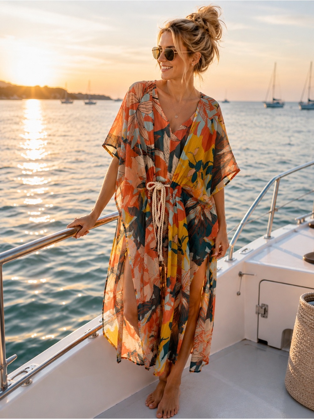 True Destinations Tropical Floral Swim Cover-Up Kaftan in Orange & Yellow w/rope